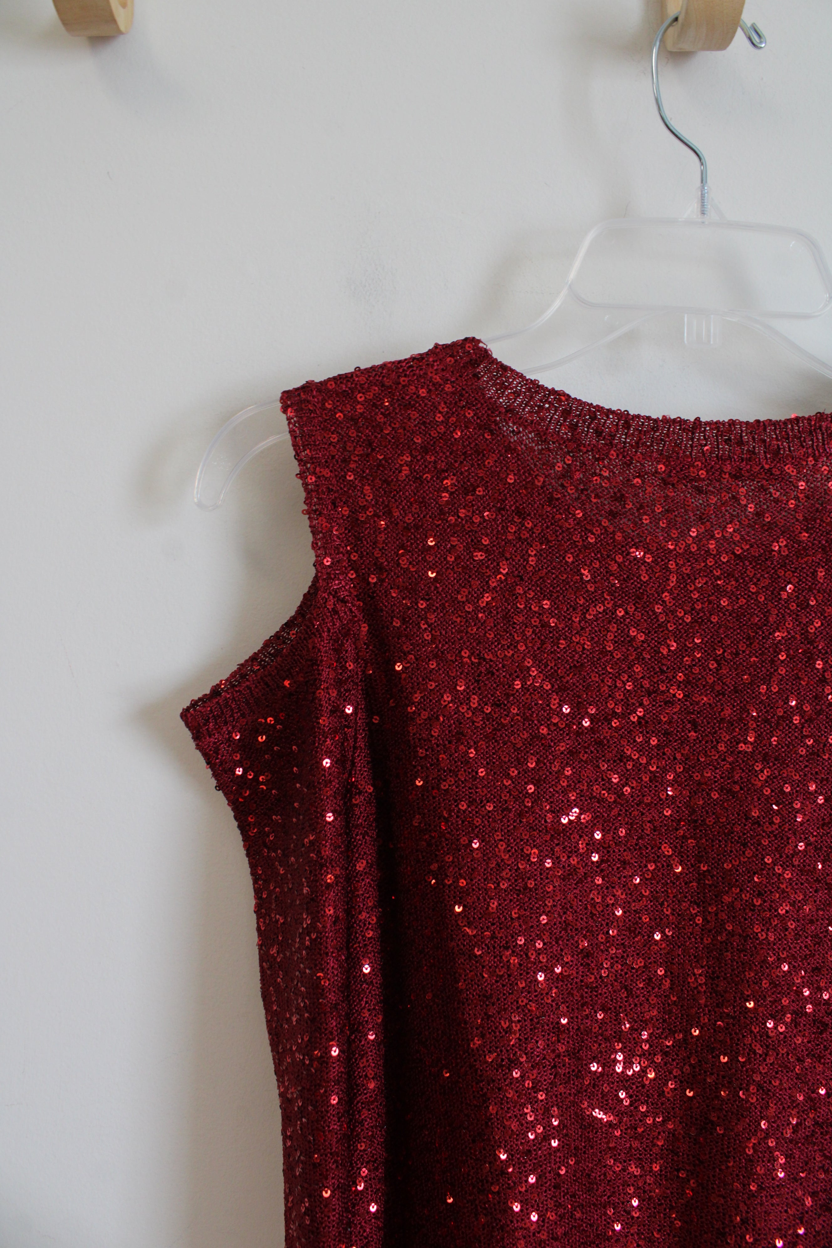 DKNYC Red Sequined Cold Shoulder Long Sleeved Top | M