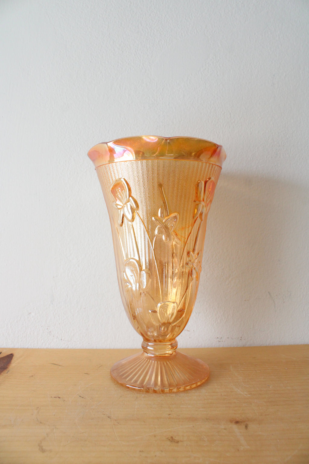 Vintage Jeanette Marigold Iris & Herringbone Carnival Glass Vase