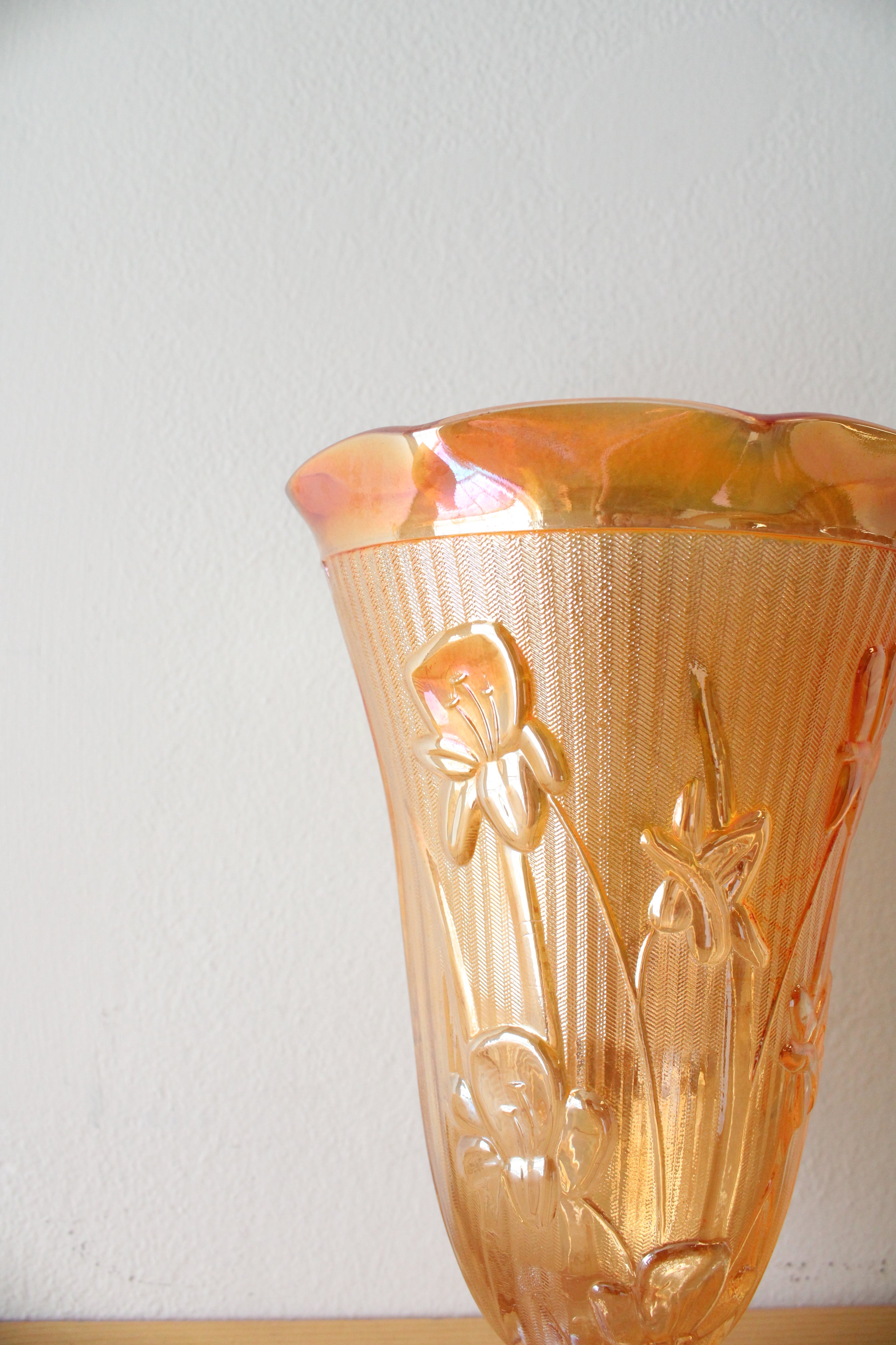 Vintage Jeanette Marigold Iris & Herringbone Carnival Glass Vase