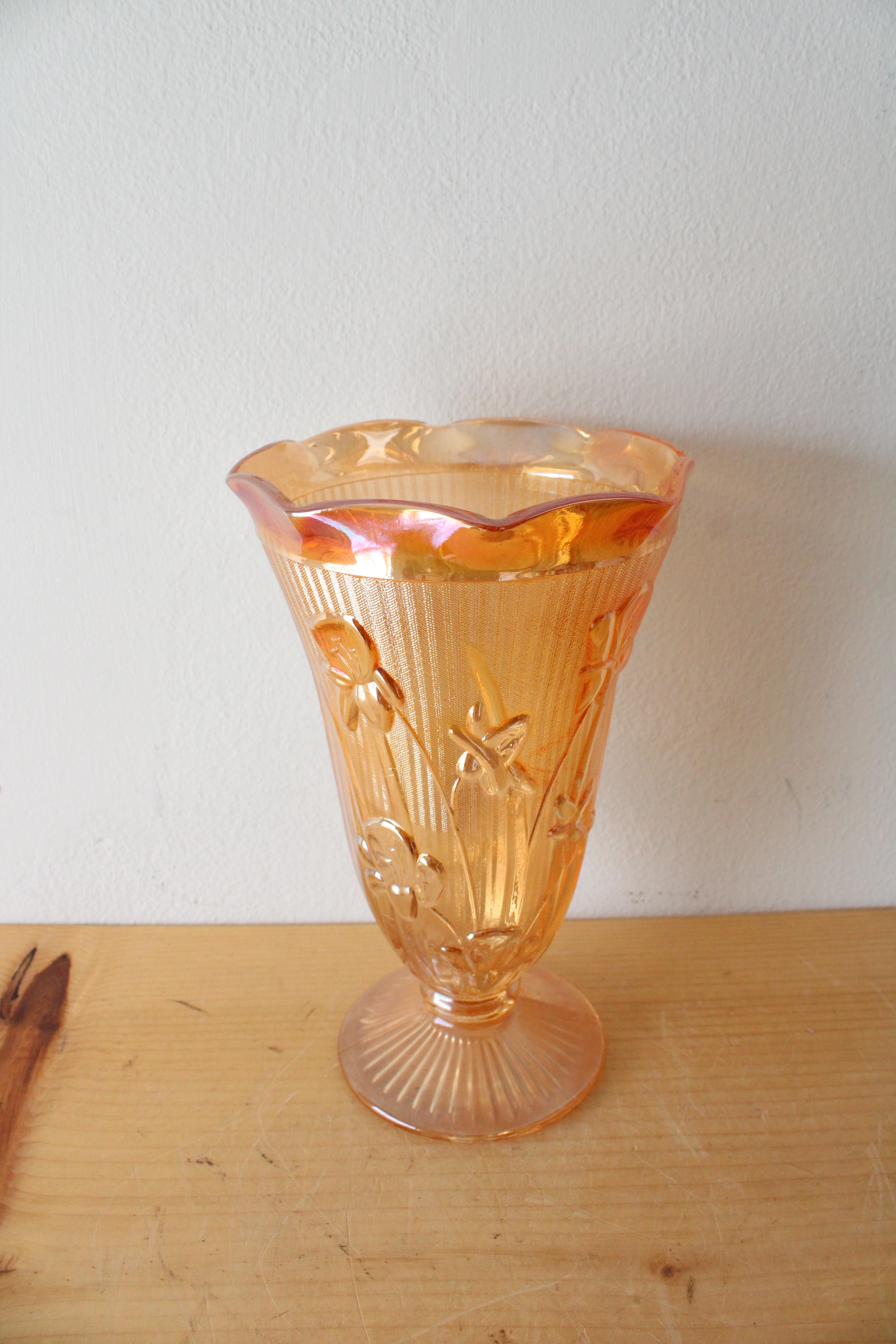 Vintage Jeanette Marigold Iris & Herringbone Carnival Glass Vase