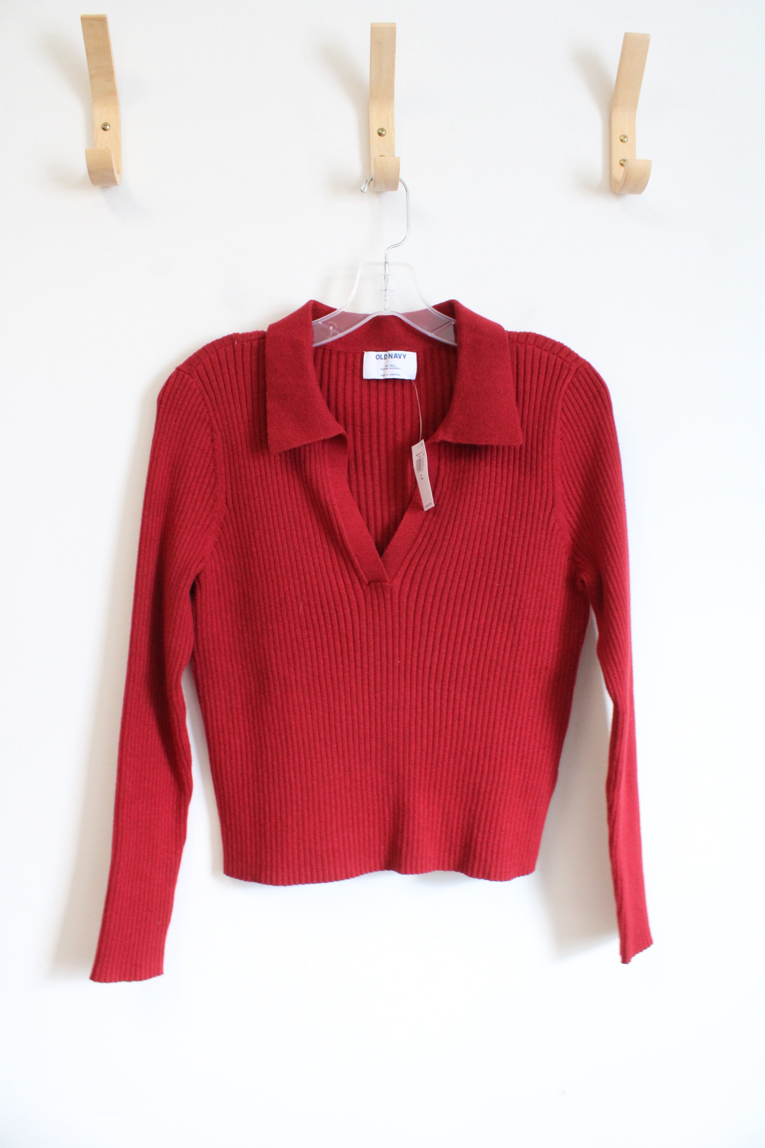 NEW Old Navy Red Ribbed Collared Long Sleeved Top | XL Tall