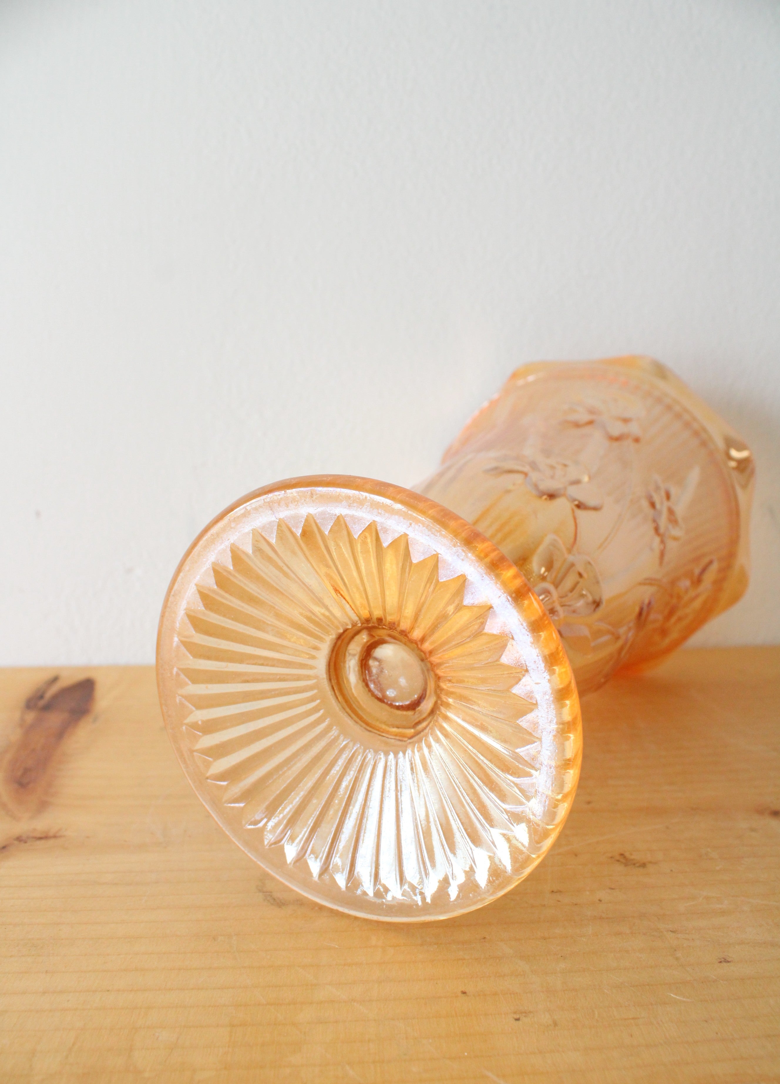 Vintage Jeanette Marigold Iris & Herringbone Carnival Glass Vase
