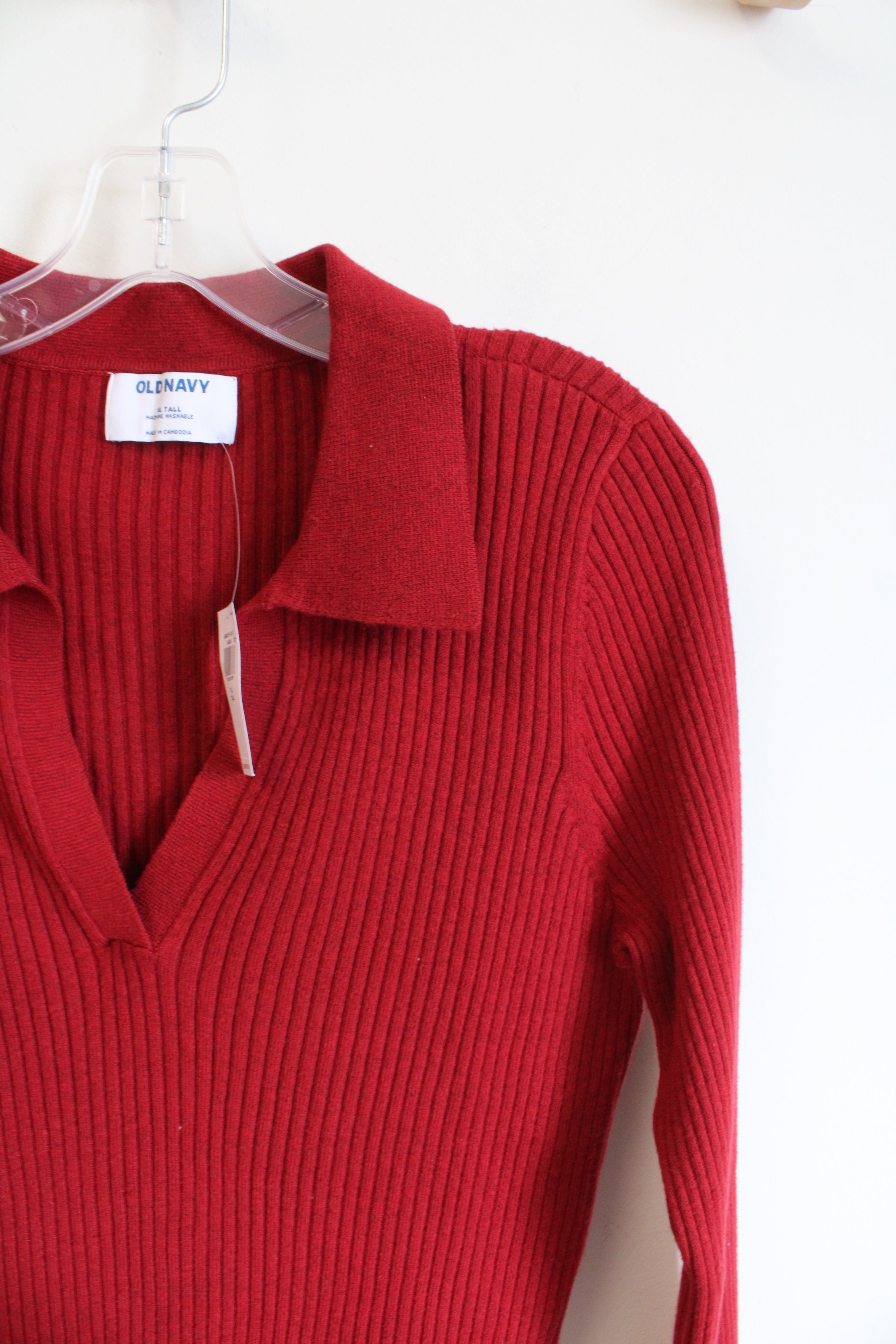 NEW Old Navy Red Ribbed Collared Long Sleeved Top | XL Tall