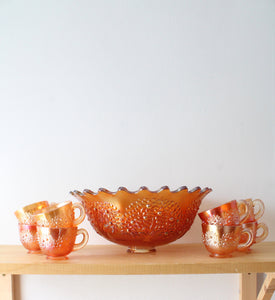 Vintage Fenton Orange Tree Marigold Carnival Glass Punch Bowl & Glasses Set Of 9