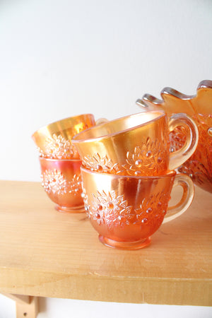Vintage Fenton Orange Tree Marigold Carnival Glass Punch Bowl & Glasses Set Of 9