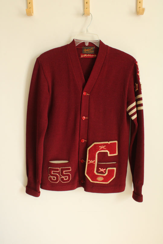 Sportcraft Letterman Wool Vintage Maroon Red Cardigan | S