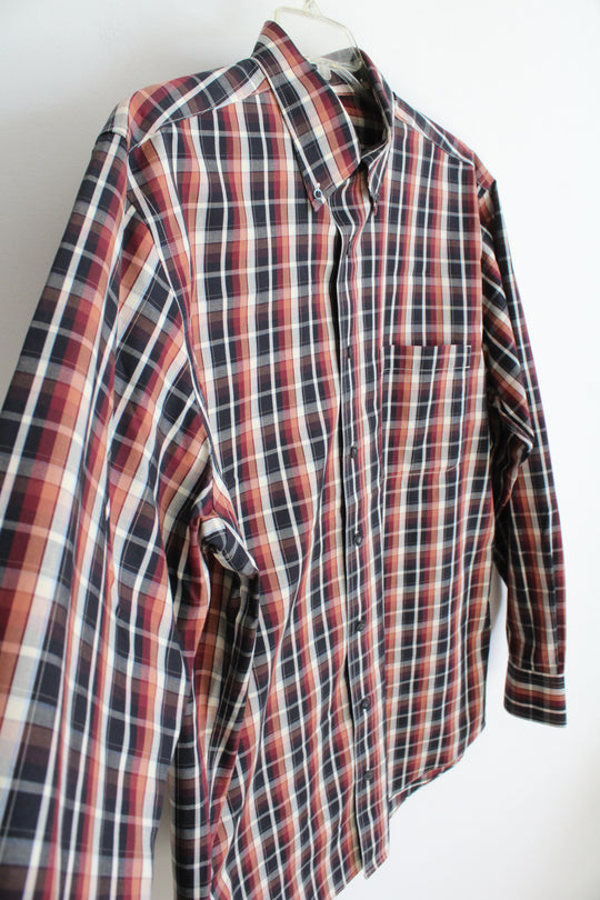 Cabela's Black Red Orange Plaid Button Down Shirt | L Tall
