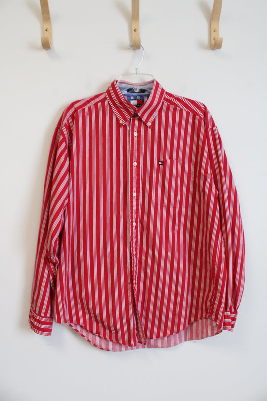 Tommy Hilfiger Red & White Striped Button Down Shirt | L