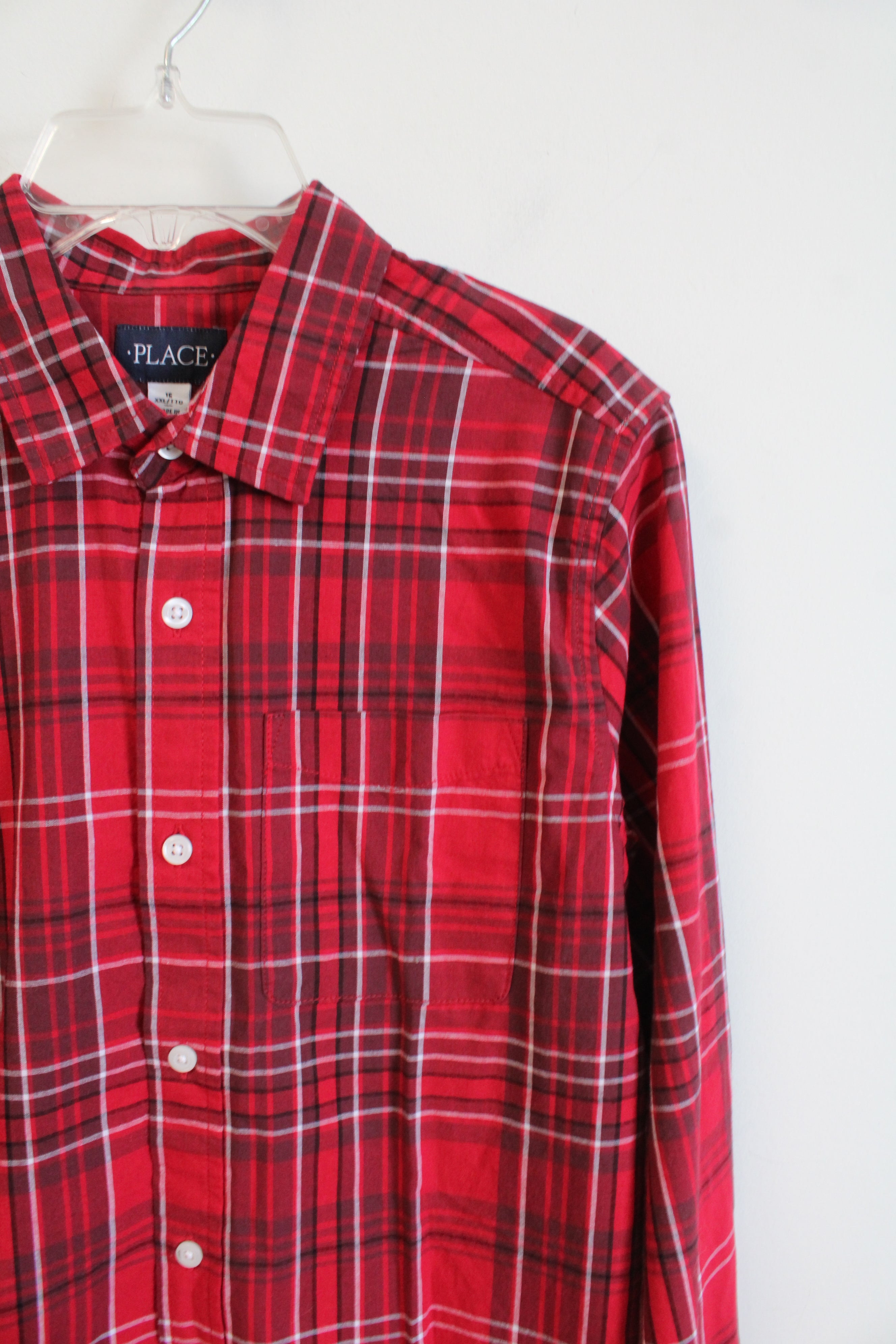 Children's Place Red & White Plaid Button Down Shirt | Youth 16 (XXL)