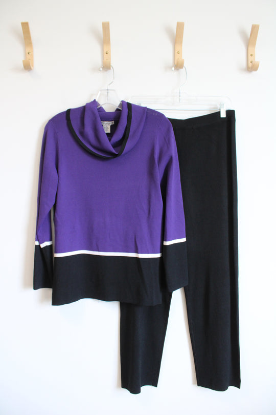 Notations Purple Black & White Knit Cowl Neck Sweater & Pants Set | L Petite