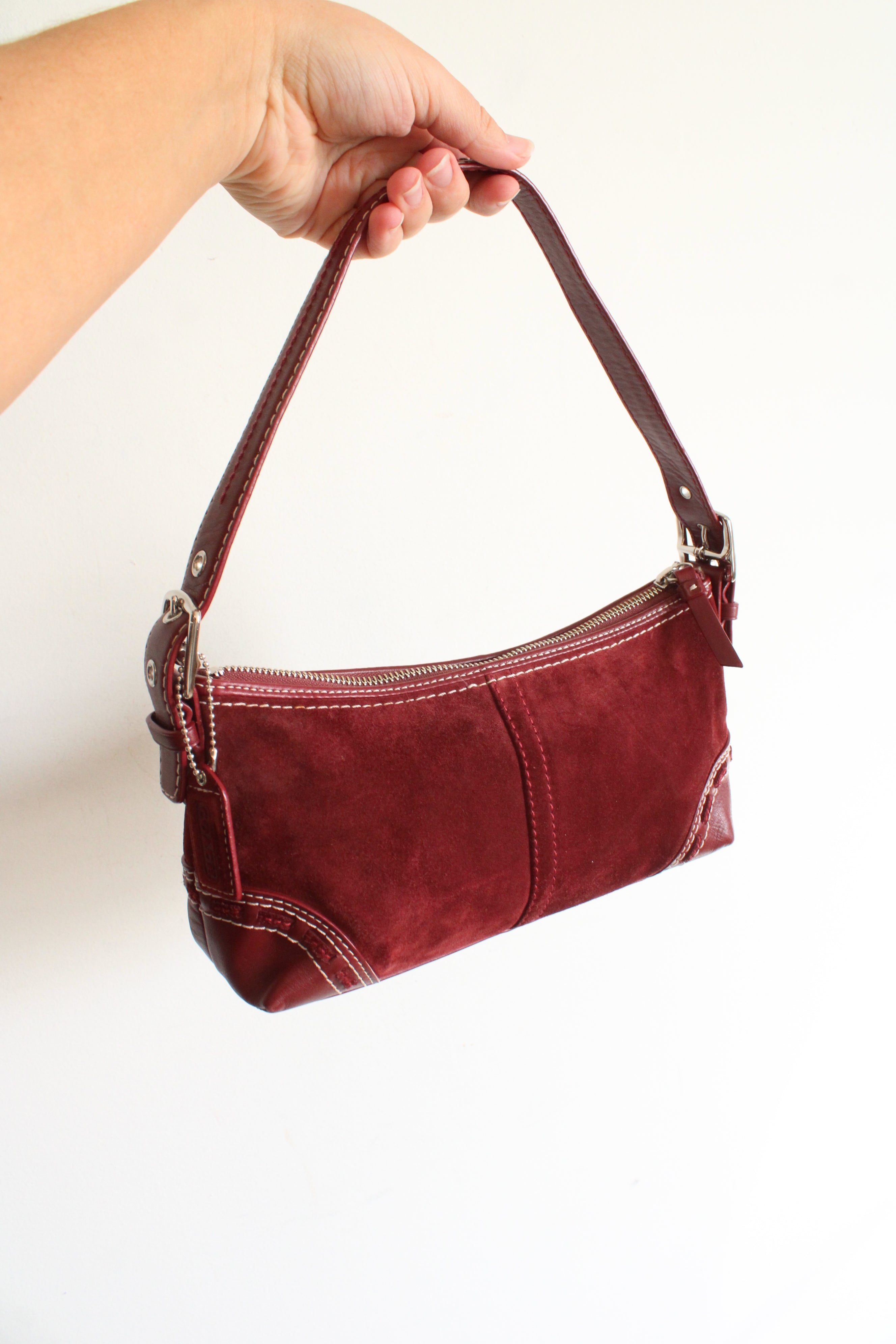 Vintage Coach East West Wine Red Suede Y2K Baguette Bag