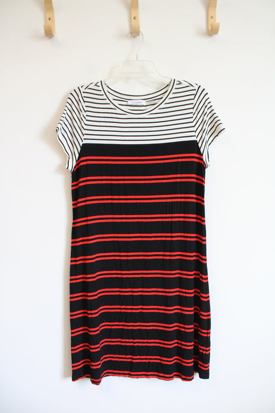 Calvin Klein White Black & Red Striped Knit Dress | L