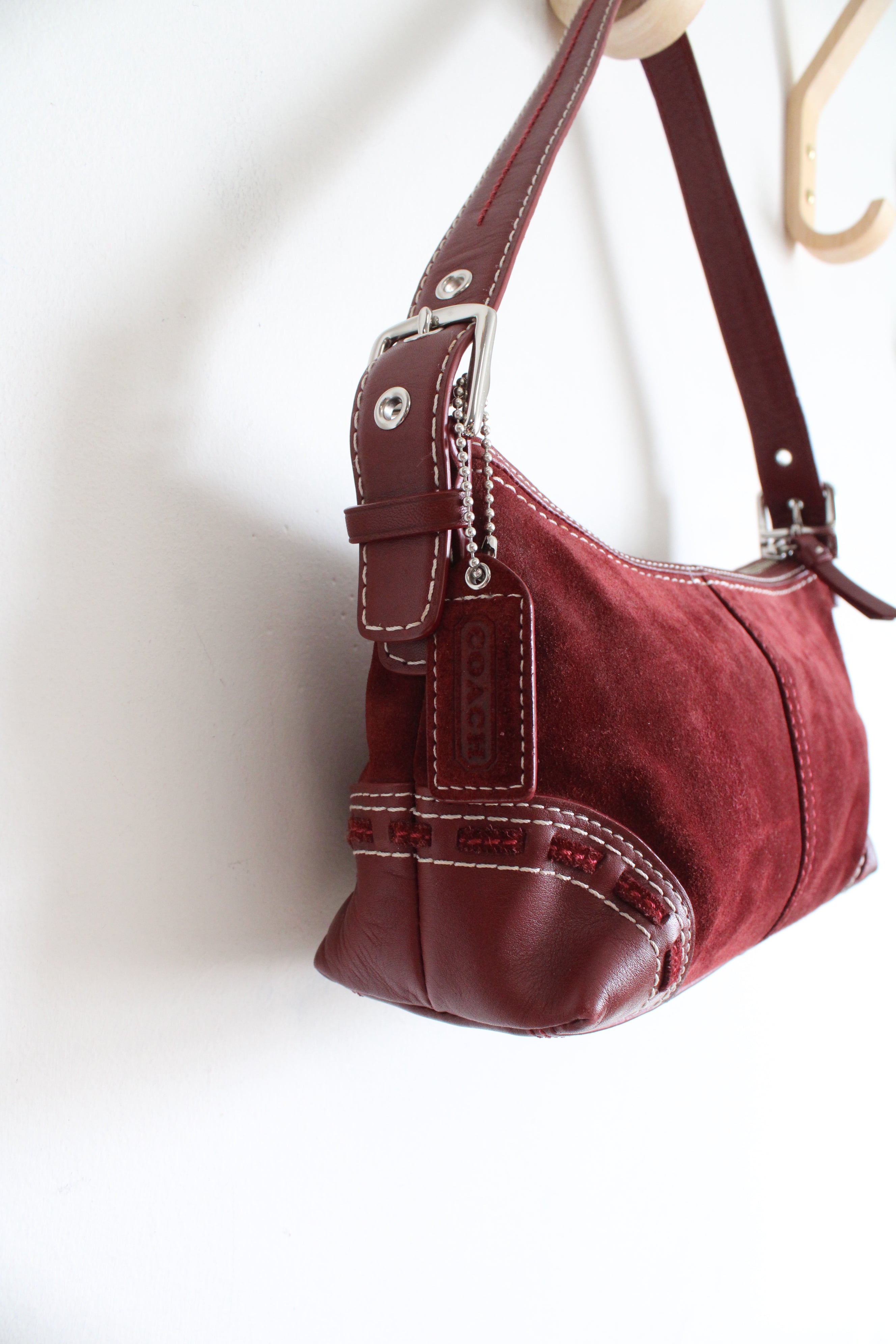 Vintage Coach East West Wine Red Suede Y2K Baguette Bag