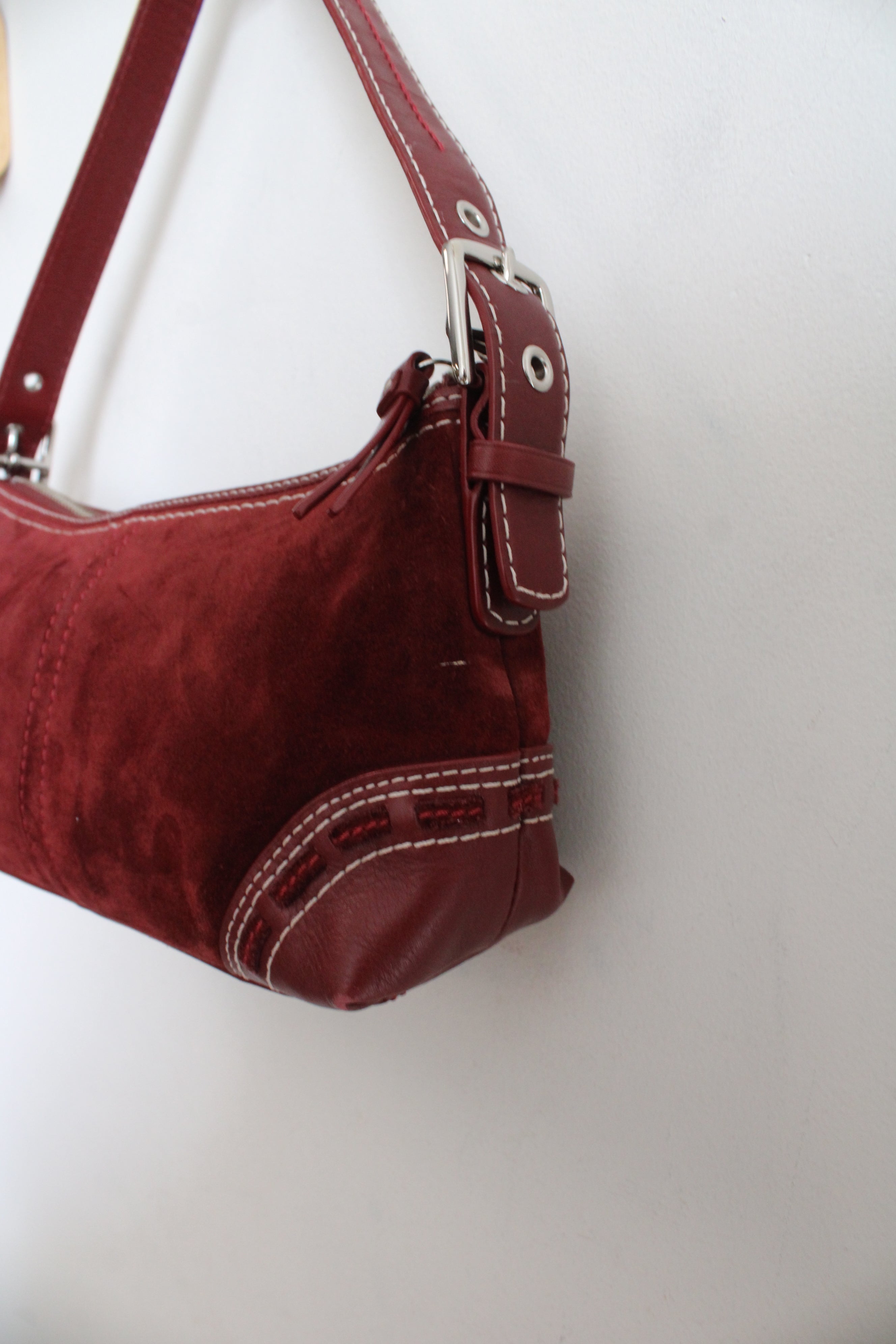 Vintage Coach East West Wine Red Suede Y2K Baguette Bag