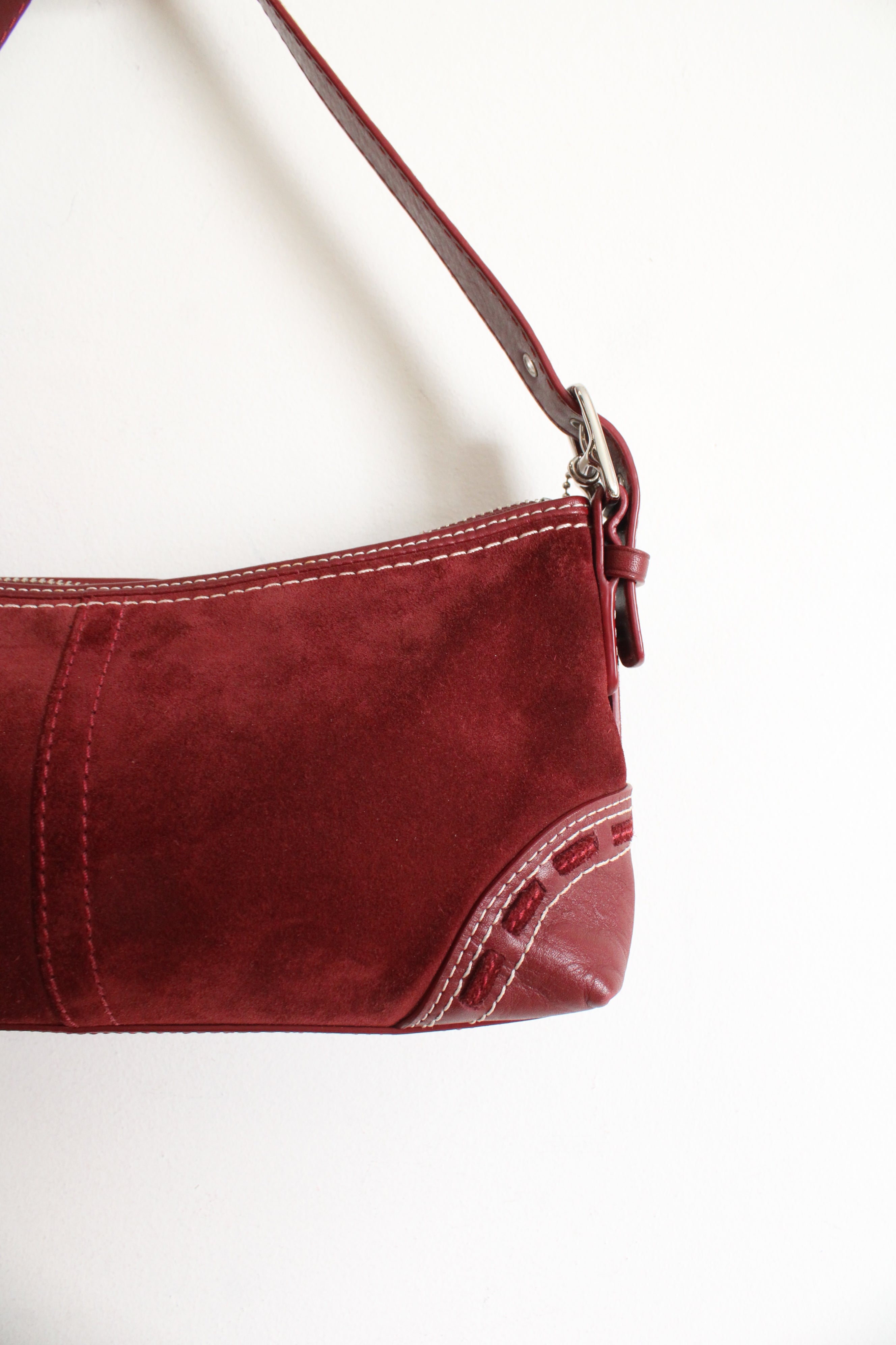 Vintage Coach East West Wine Red Suede Y2K Baguette Bag