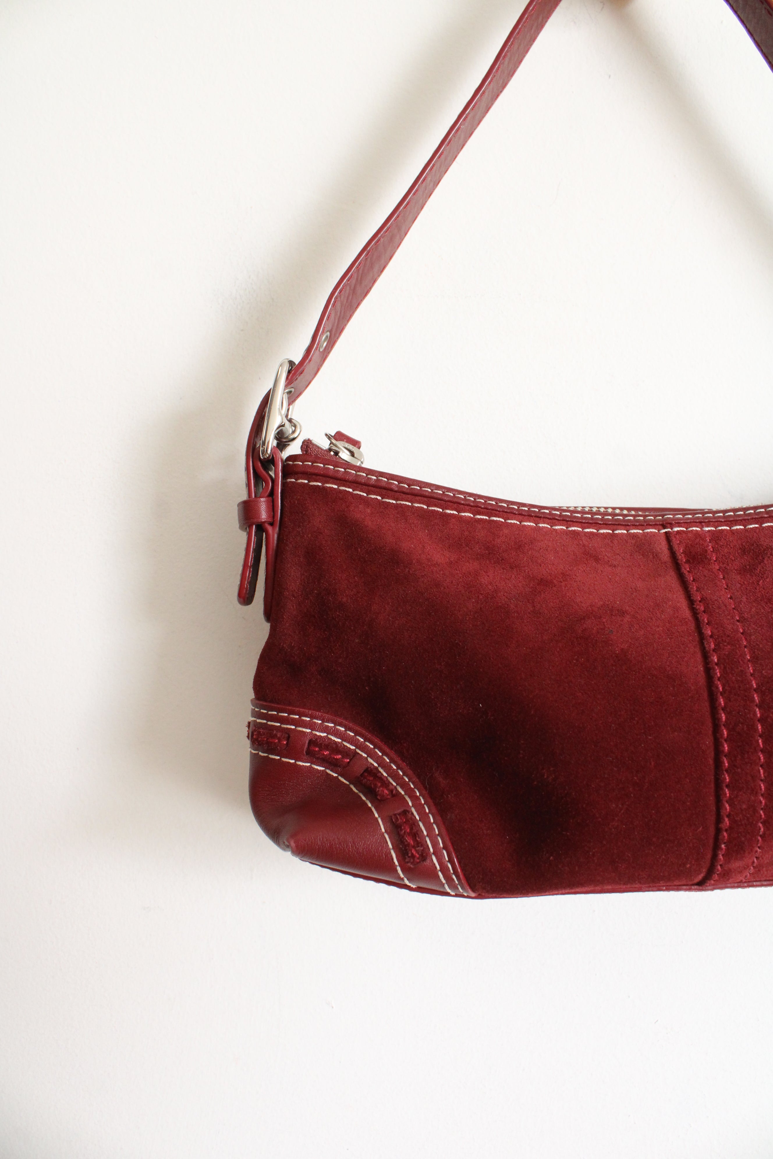 Vintage Coach East West Wine Red Suede Y2K Baguette Bag