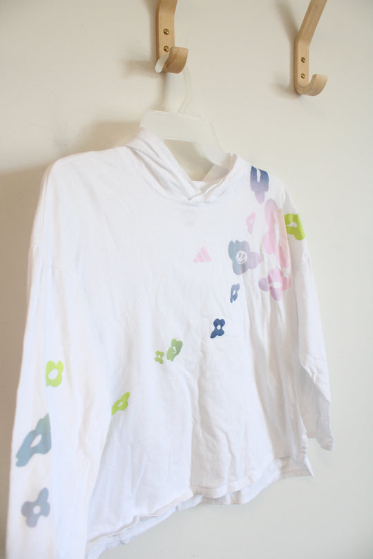 Adidas Loose Fit White Colorful Floral Lightweight Hoodie | Youth L (14/16)