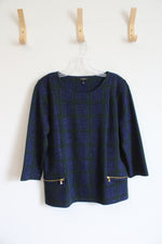Talbots Blue Black & Green Metallic Plaid Top | M Petite