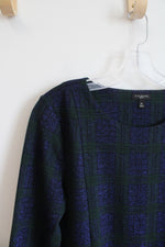 Talbots Blue Black & Green Metallic Plaid Top | M Petite