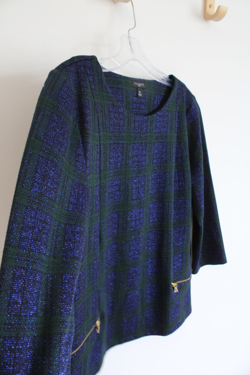 Talbots Blue Black & Green Metallic Plaid Top | M Petite