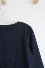 Talbots Blue Black & Green Metallic Plaid Top | M Petite