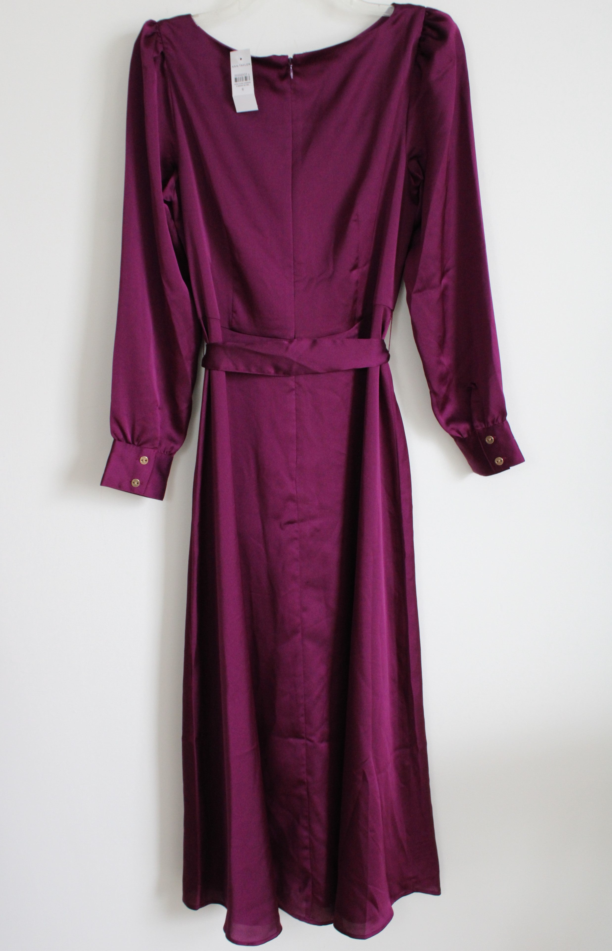 NEW Ann Taylor Magenta Satin Long Sleeved Belted Dress | 6