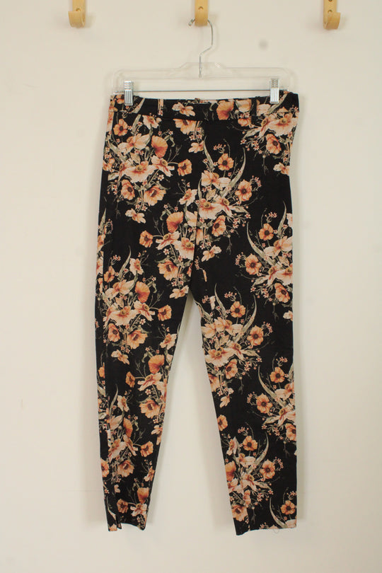 H&M Black and Pink Floral Stretch Pants | 6