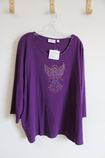 NEW Jeanne Bice Quaker Factor Purple Blouse with Jeweled Neckline and Angel Design | 3XL