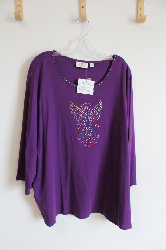 NEW Jeanne Bice Quaker Factor Purple Blouse with Jeweled Neckline and Angel Design | 3XL