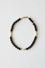 14K Yellow Gold Clasp Rice Pearl & Onyx Beaded Bracelet
