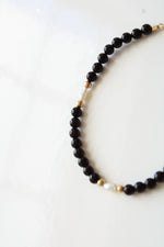 14K Yellow Gold Clasp Rice Pearl & Onyx Beaded Bracelet