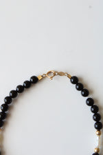 14K Yellow Gold Clasp Rice Pearl & Onyx Beaded Bracelet