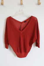 Express Red Open Knit Sweater With deep V-Neck and 3/4 Sleeves | M