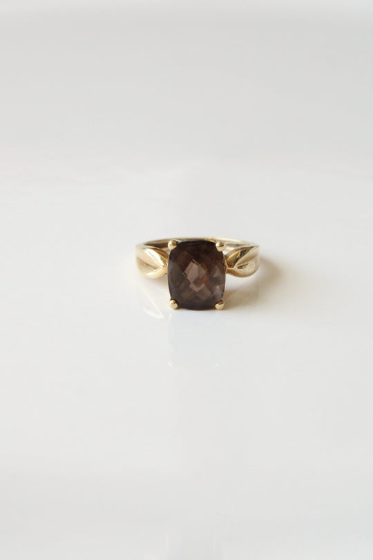 14K Yellow Gold Cushion Set Smokey Quartz Ring | Size 7.5