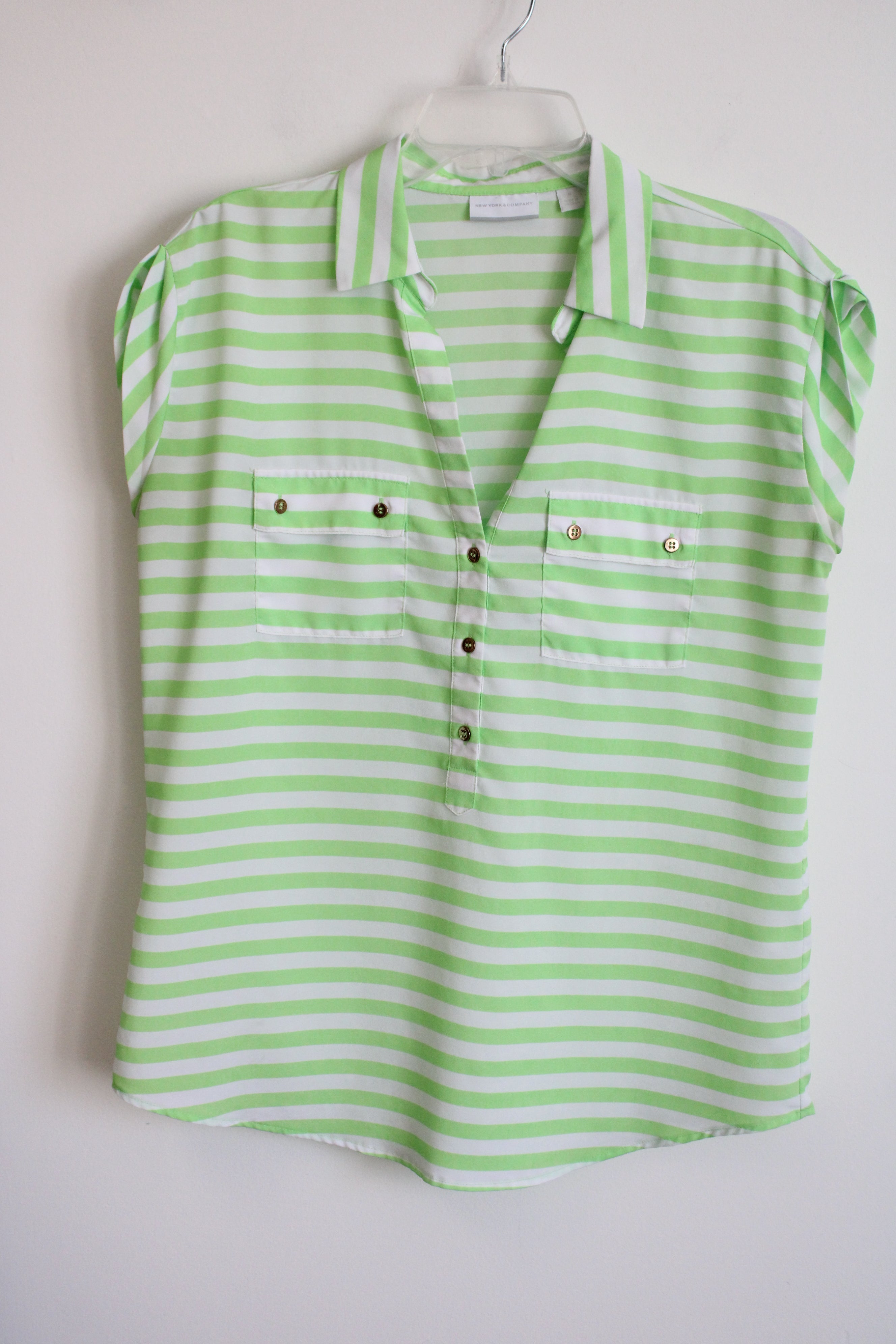 New York & Co. Neon Green White Striped Blouse | M