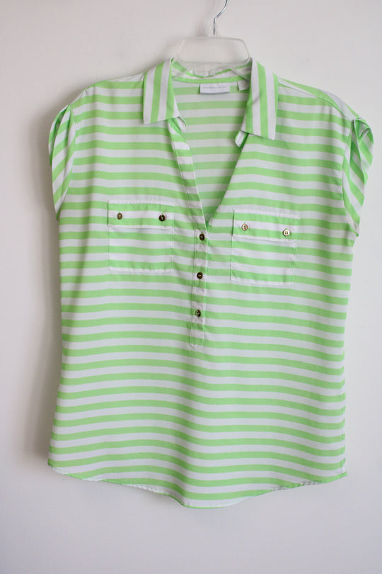 New York & Co. Neon Green White Striped Blouse | M