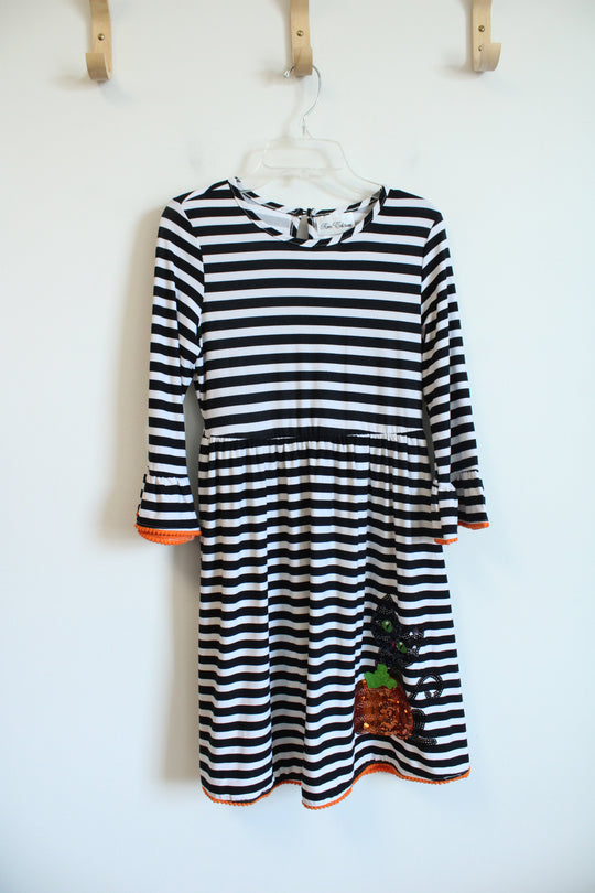 Rare Editions Black & White Striped Sequined Pumpkin & Black Cat Dress | Youth 14