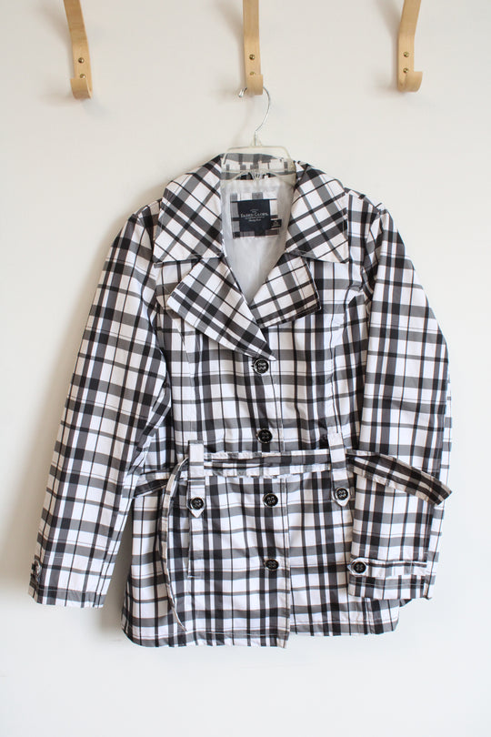 Faded Glory Black and White Plaid Button Down Rain Jacket With Button Loops | M