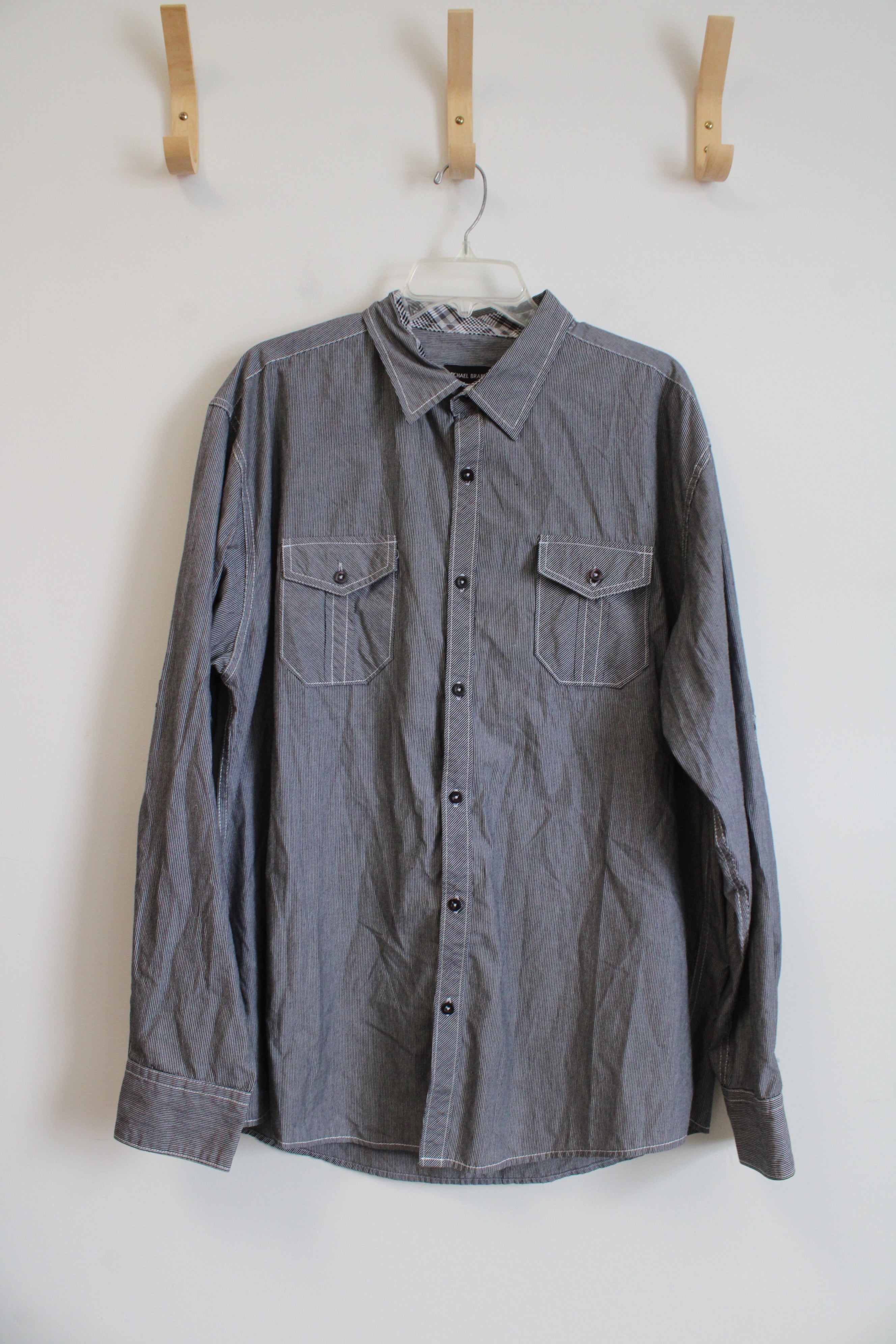 Michael Brandon Gray & White Striped Button Down Shirt | XL