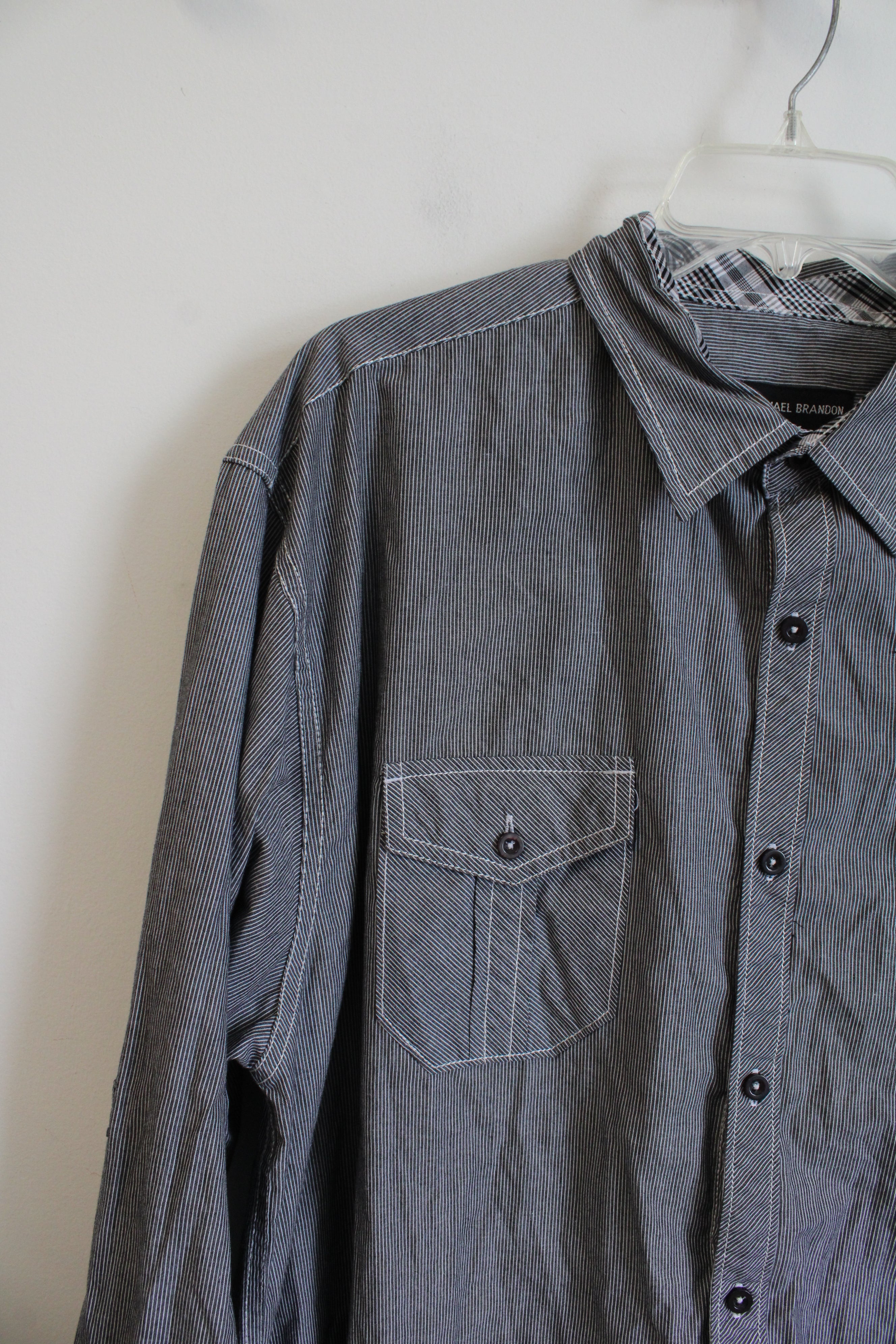 Michael Brandon Gray & White Striped Button Down Shirt | XL