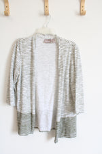 Chico's White with Green Stripes 3/4 Sleeves Open Front Cardigan | 0
