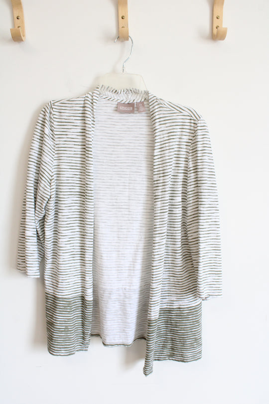 Chico's White with Green Stripes 3/4 Sleeves Open Front Cardigan | 0