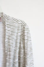 Chico's White with Green Stripes 3/4 Sleeves Open Front Cardigan | 0