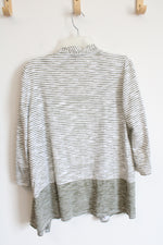 Chico's White with Green Stripes 3/4 Sleeves Open Front Cardigan | 0