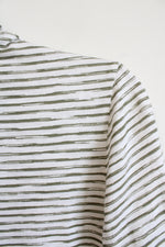 Chico's White with Green Stripes 3/4 Sleeves Open Front Cardigan | 0