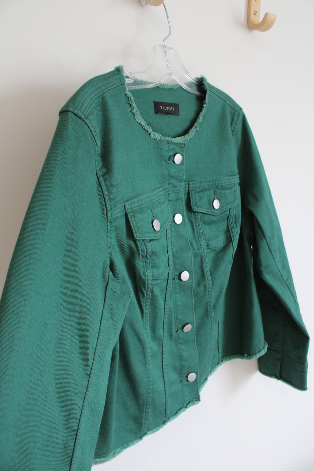 Talbots Green Distressed Hem Denim Jacket | L