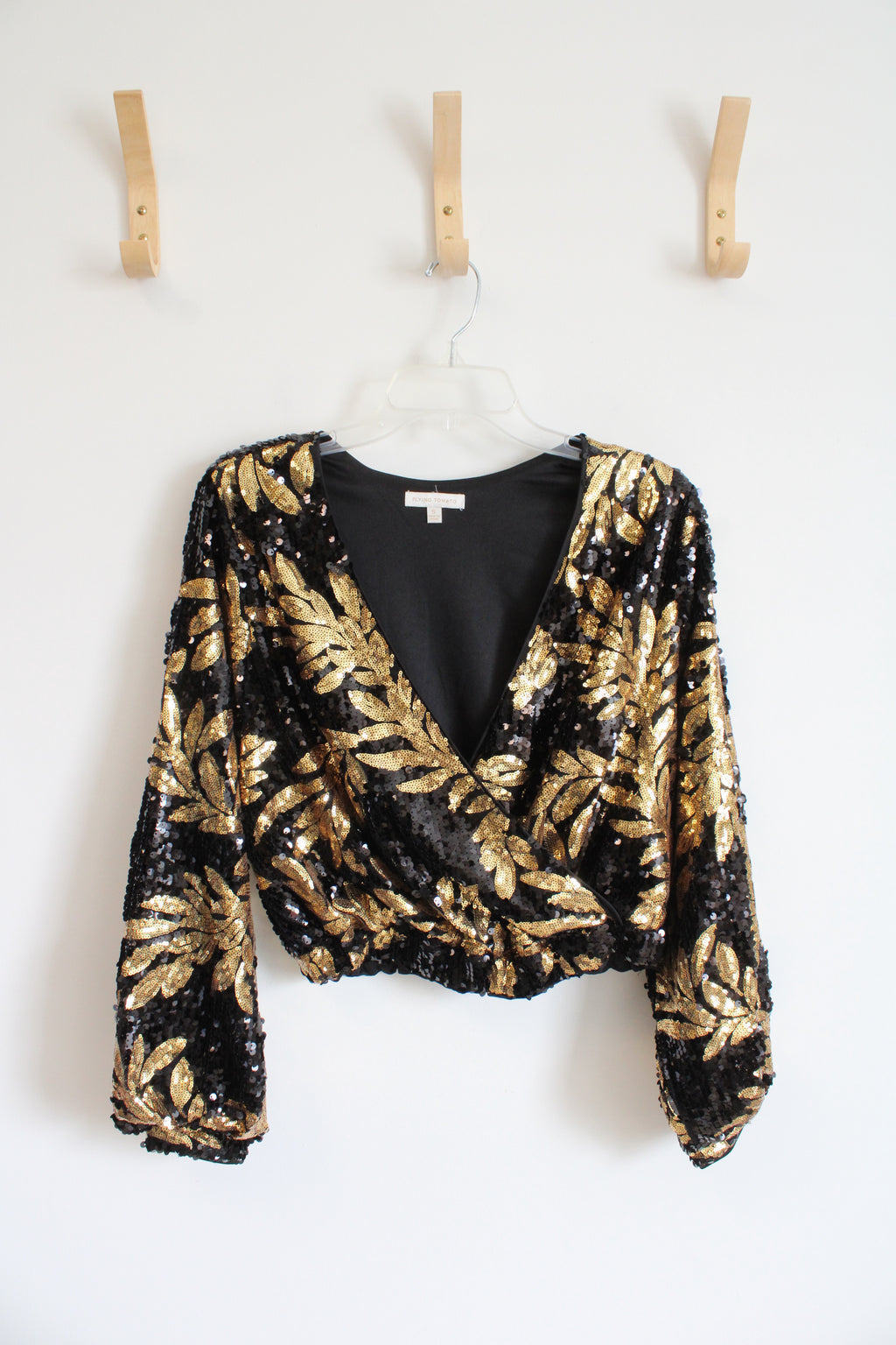 Flying Tomato Black & Gold Sequined Wrap Long Sleeved Cropped Top | S