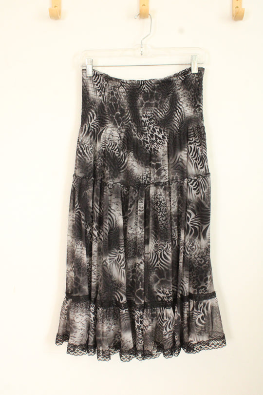 Lapis Black and Gray Animal Print Lace Layered Skirt | L