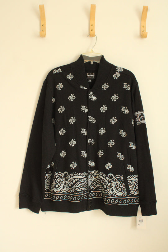 NEW Dogg Supply Black Sweatshirt Bomber Jacket with Light Gray Paisley Print | XL