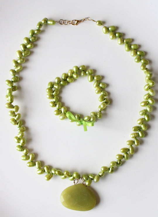 Lime Green Baroque Pearl Necklace & Bracelet